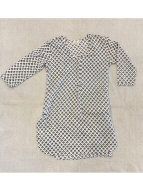 Anokhi Tunic Dress Blouse White Black Floral India Cotton Size Small